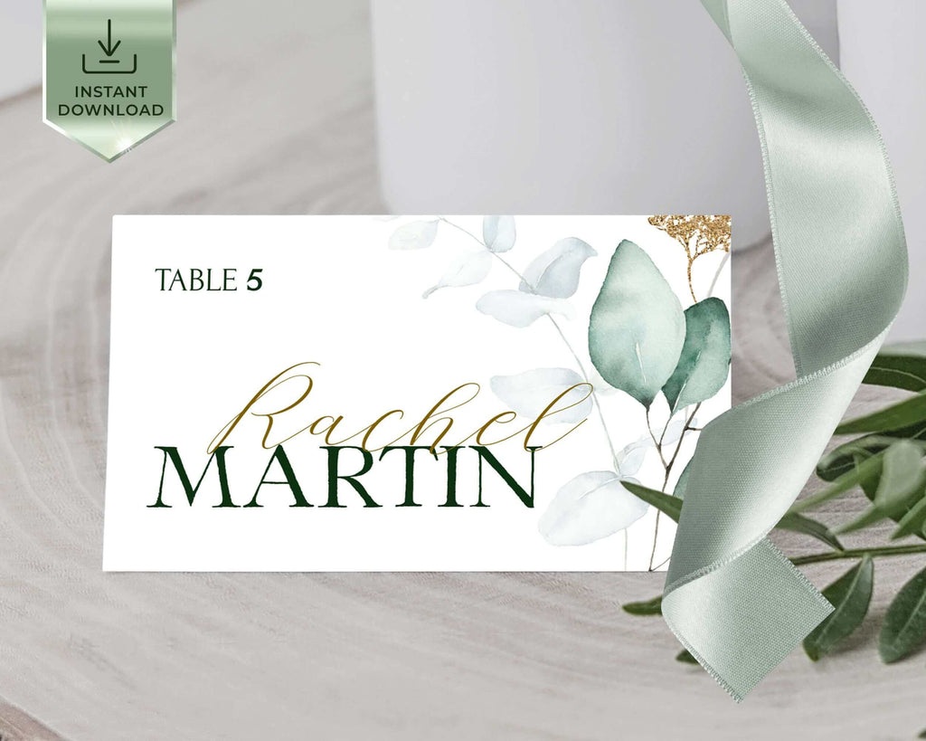 Sage and Gold Place card Template, Wedding Table seat card Download, Greenery Eucalyptus name card, Editable Greenery table card | VESNA