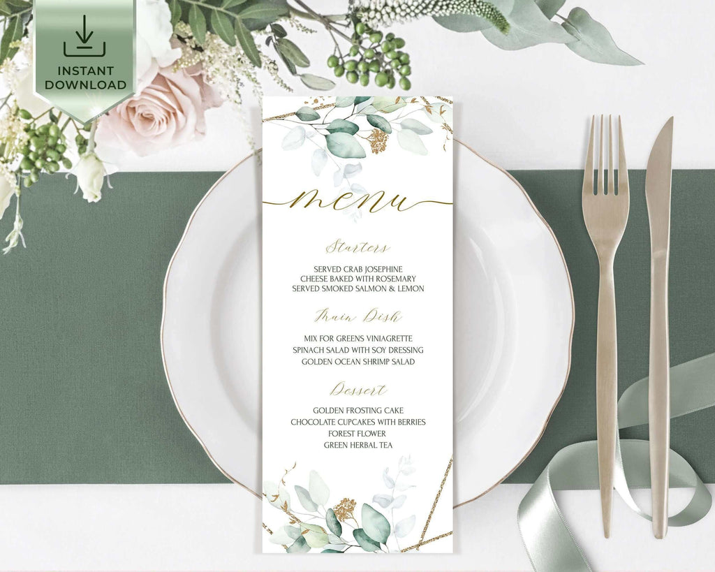 Sage and Gold Wedding Menu Template with Eucalyptus, Greenery Wedding Menu Download, INSTANT Download, Printable Wedding Menu | VESNA
