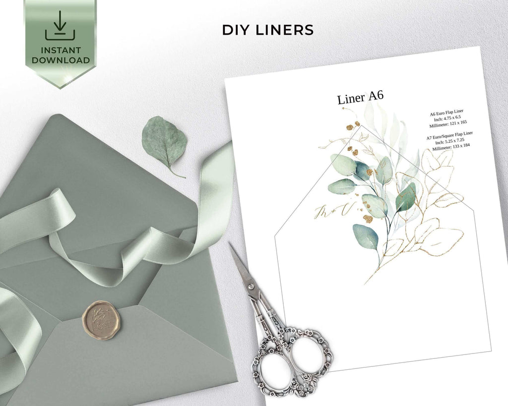 Sage and Gold Wedding Envelope Liner A7, A6 Template,  Greenery Eucalyptus Wedding liner, Printable Wedding Liner, Editable liner | VESNA