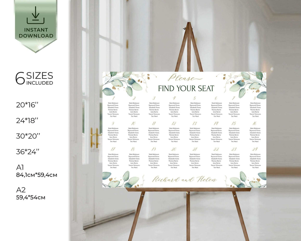 Sage and Gold Wedding Seating Chart Template | Greenery Eucalyptus Seating Plan | INSTANT Download | Wedding Planning Diy | VESNA
