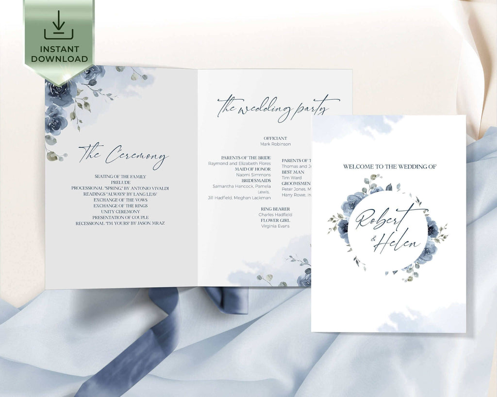 SKYLA - Dusty Blue & Blue Navy Wedding Program Template, Editable Booklet Wedding Program,  Ceremony Template Printable, Order Of Ceremony