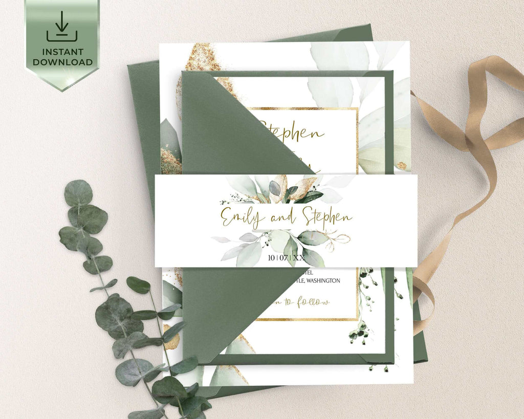 Belly Bands for Wedding Invitations, Sage & Gold, Editable Printables