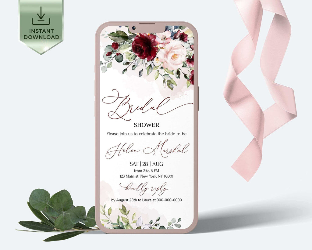 ARLETH Burgundy & Blush Pink Flowers Electronic Bridal Shower Invitation Template, Soft pink Burgundy Smartphone iPhone online Bridal Shower