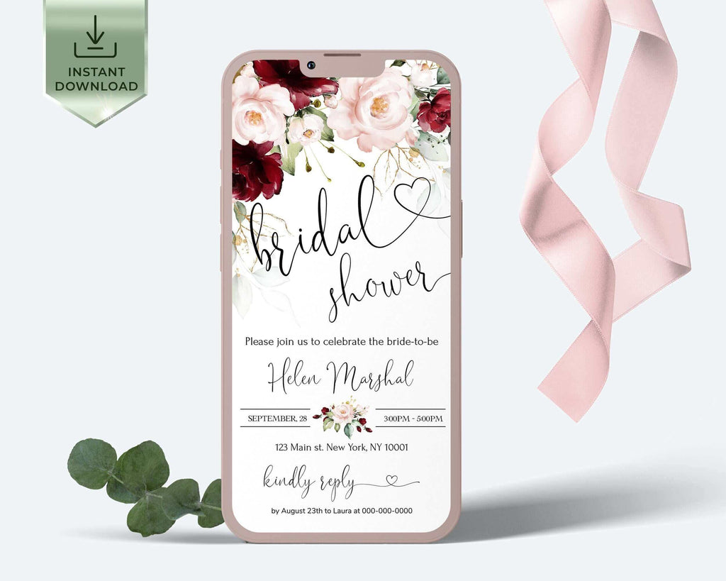 ARLETH Burgundy &  Blush Pink Flowers Electronic Bridal Shower Invitation Template, Soft pink Burgundy Smartphone Evite iphone online invite