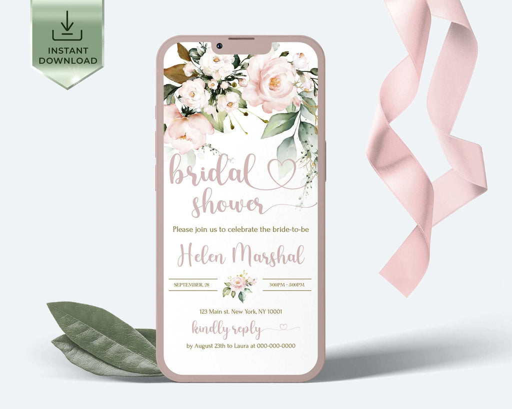 AVA -  Blush Pink Flowers Electronic Bridal Shower Invitation Template, Soft pink Smartphone iPhone online Bridal Shower Invites Download