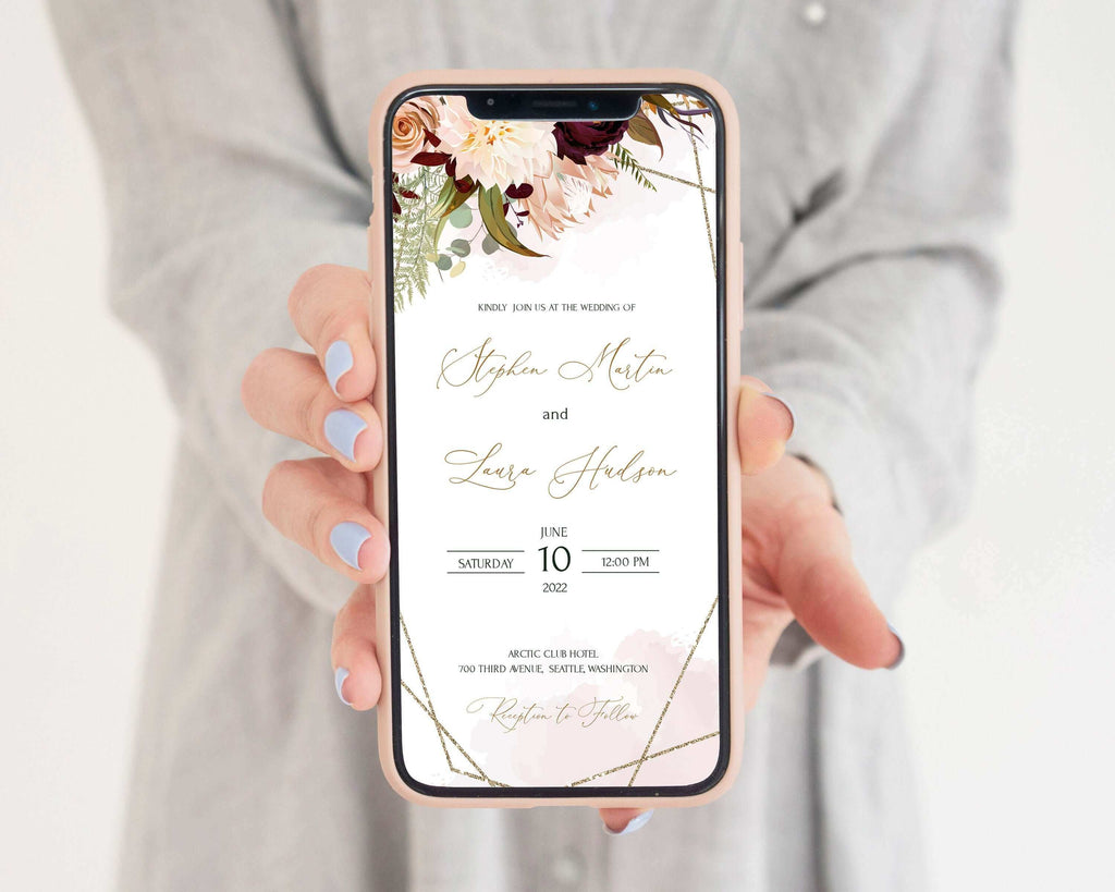 Fall Wedding Invitation, Burgundy & Gold, Floral Geometric Templates