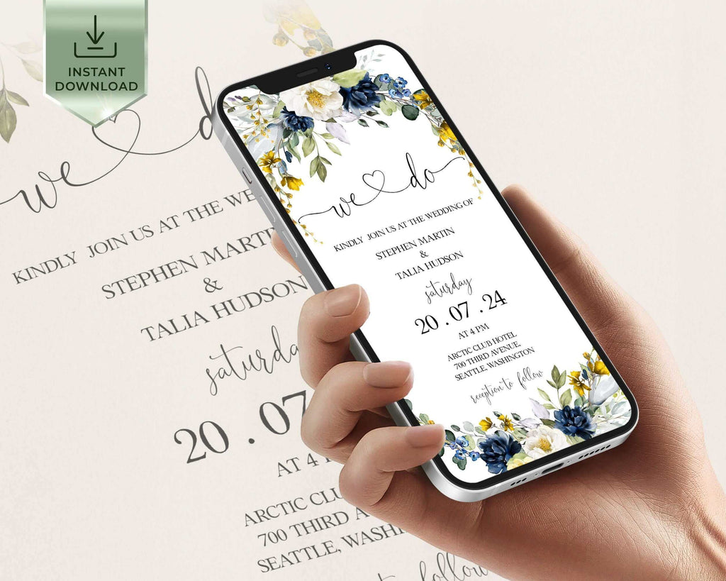 LPE0271 EVELYN - Electronic Invitation Template, Blue & Yellow Smartphone Evite, Floral Digital Template, Eucalyptus Mobile Invite, iPhone SMS