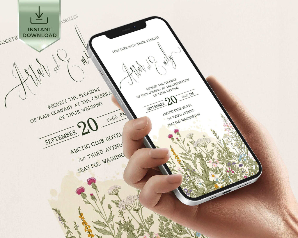 WILDFLOWERS - Electronic Invitation, Wild Herbs Smartphone Evite, Greenery Digital Template, Rustic Mobile Invite, Instant Download, SMS