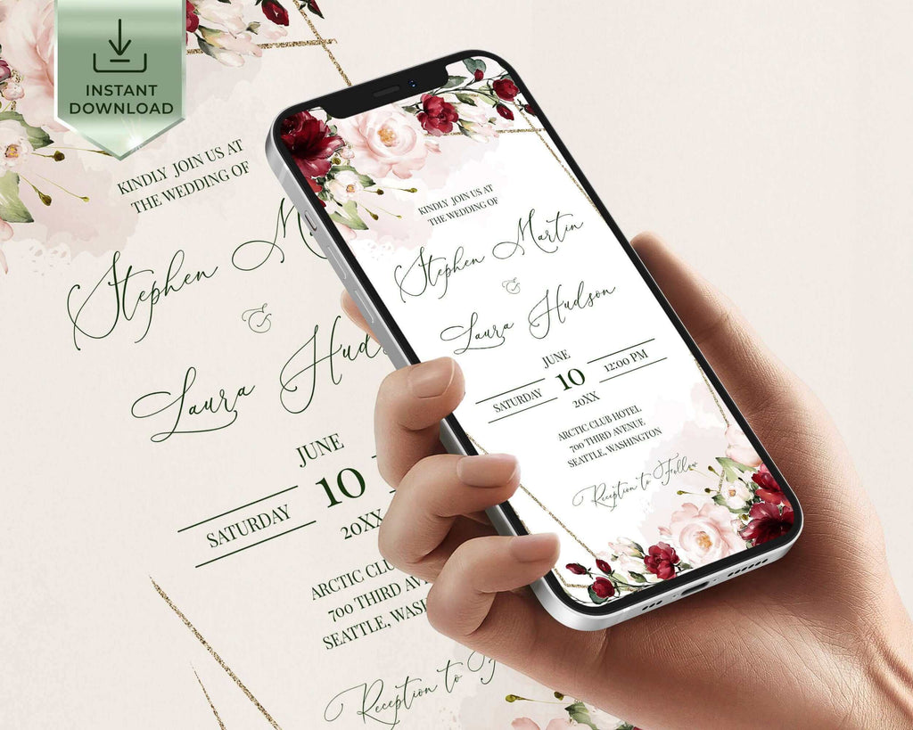 ARLETH Burgundy &  Blush Pink Flowers Electronic Invitation Template, Soft pink Burgundy Smartphone Evite Download, iphone online invite