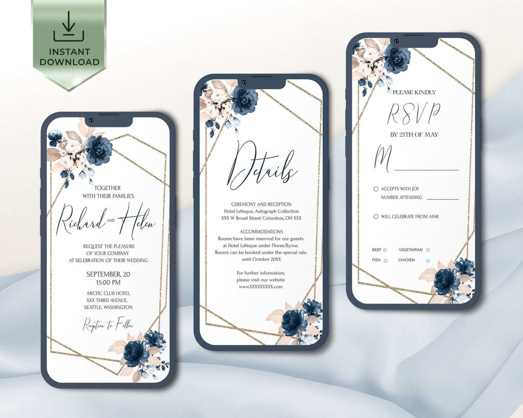 NYRA - Electronic Invitation Bundle template, Blue Navy Smartphone Evite Set,  Digital Template, Mobile Invite Suite, Instant Download, SMS