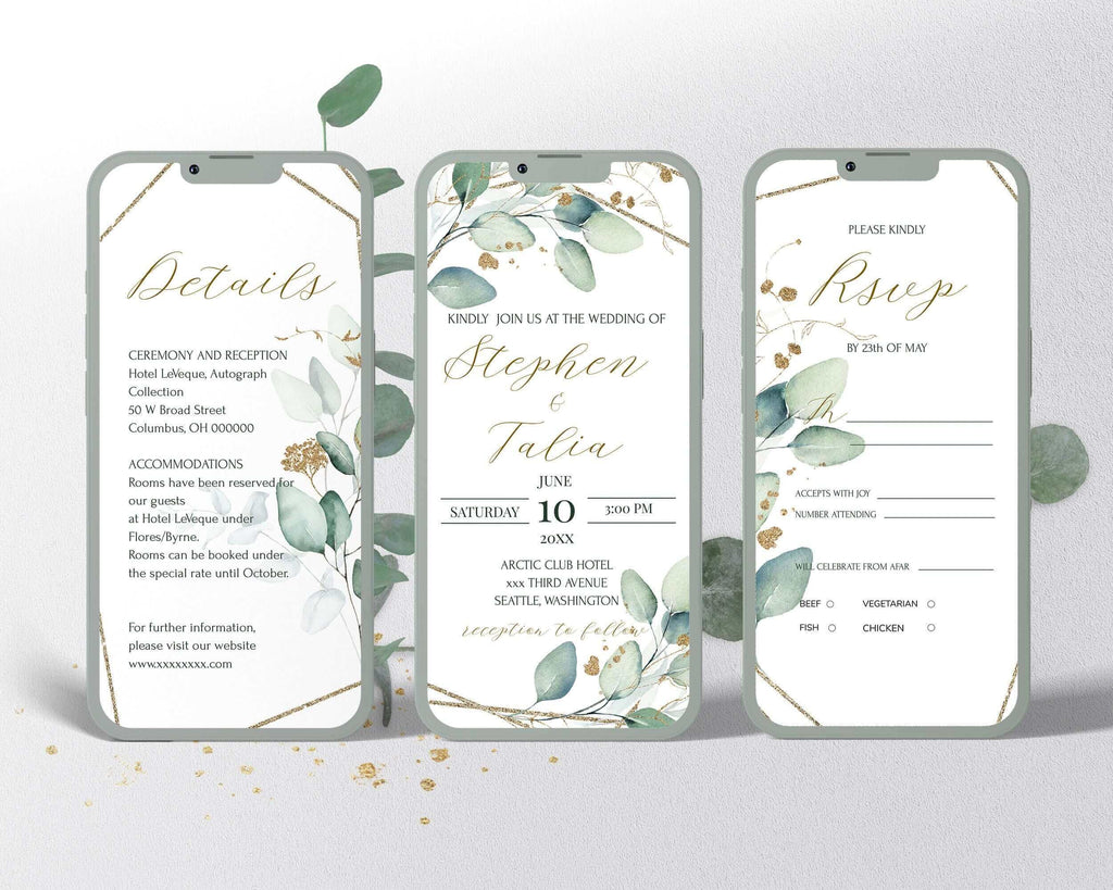 VESNA | Eucalyptus Digital Invitation Bundle | Greenery & Gold Design | INSTANT Download