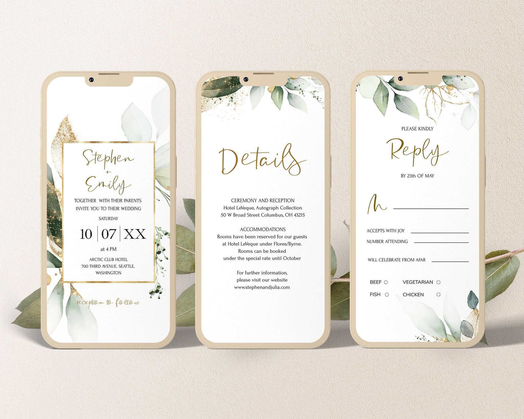 Digital Invitation Bundle | Greenery & Gold Design | Editable Template