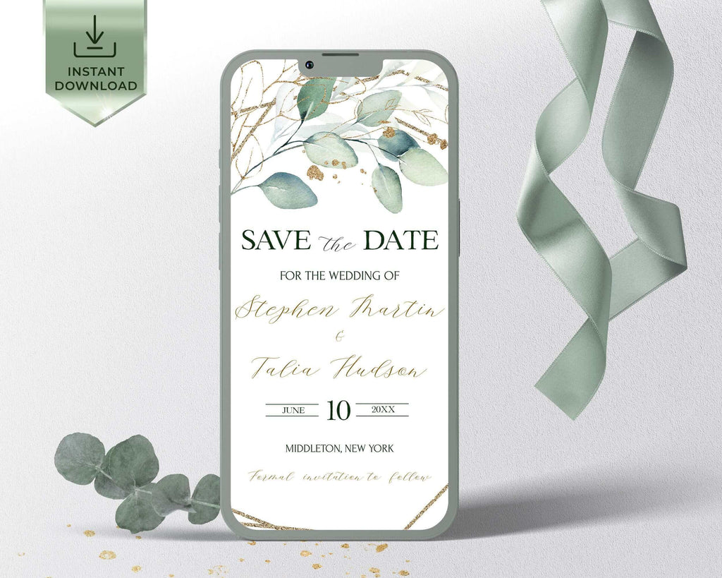 Save The Date Digital, Greenery Gold Wedding, Digital Templates