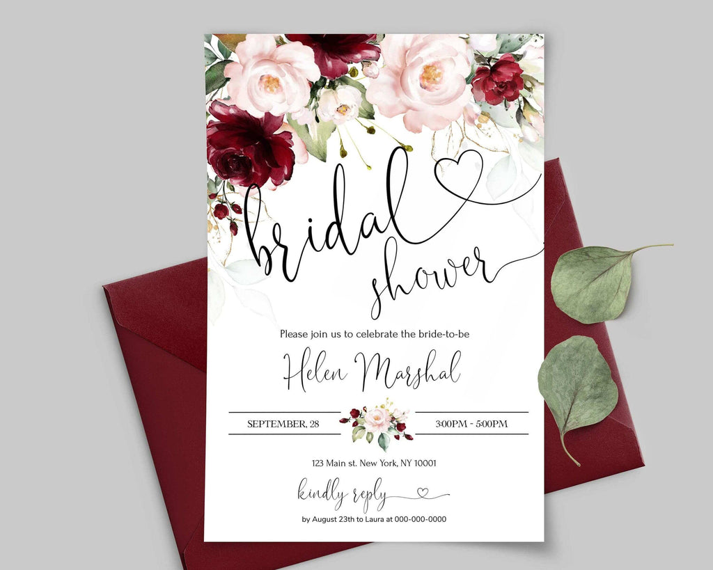 LPE0002 Bridal Shower invitation | Burgundy & Pink | Editable DIY Printables