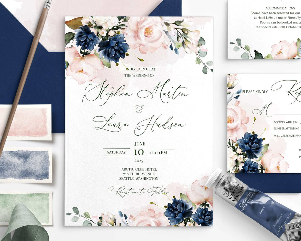 LPE0006 Wedding Invitation Set | Navy Blue & Blush | Editable Printables