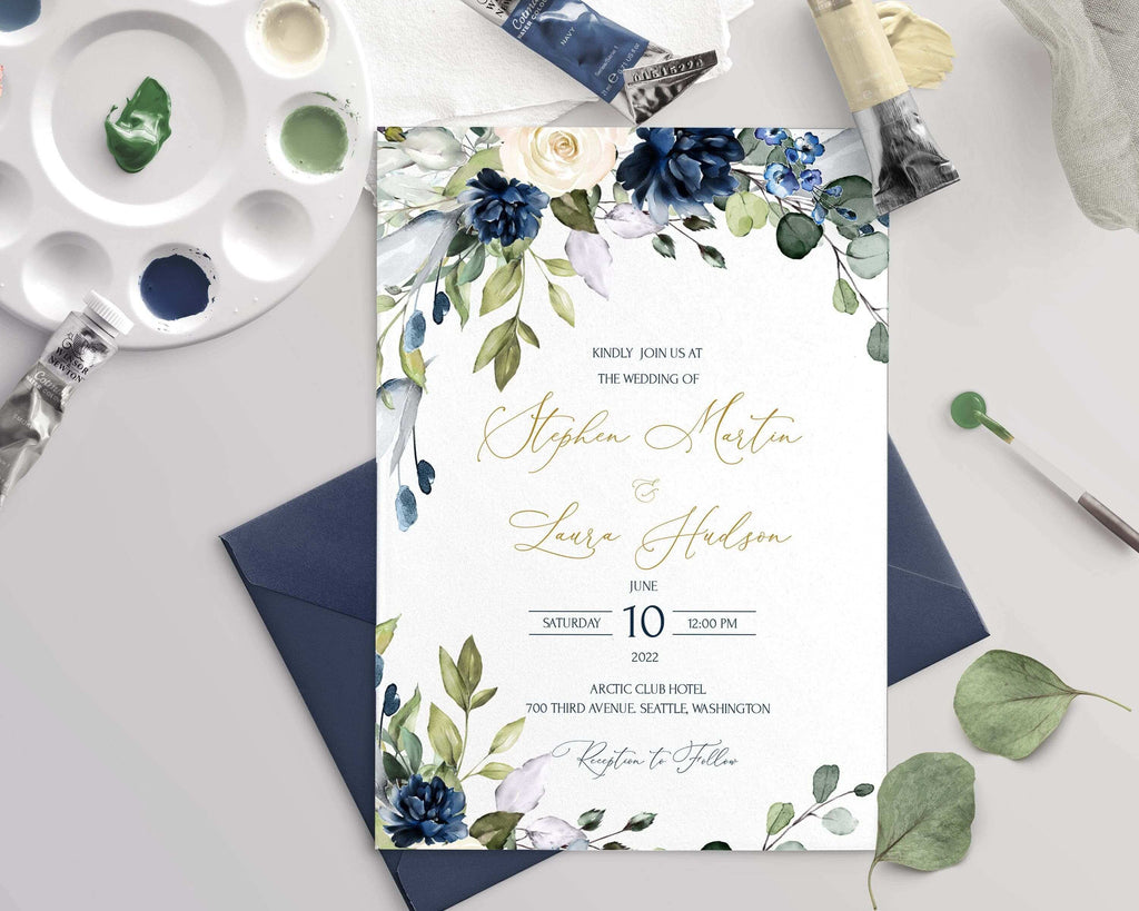 LPE0015 Wedding Invitation Card | Navy Blue Flowers | Editable Templates