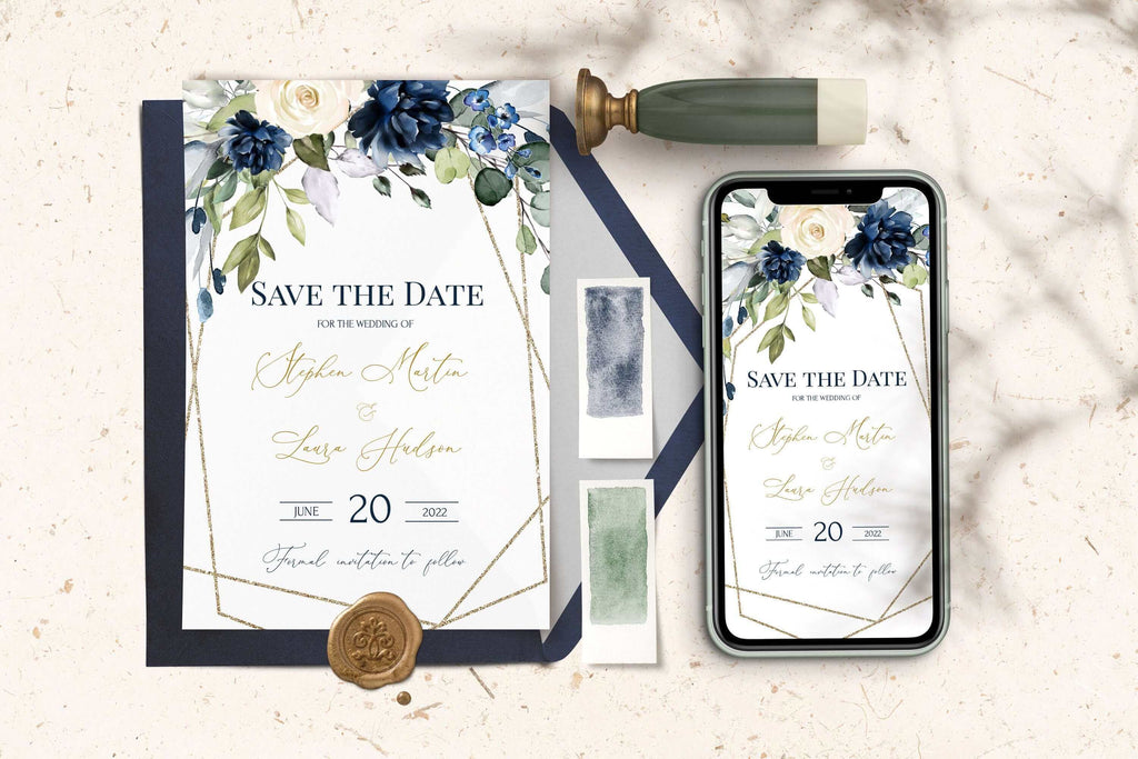LPE0019 Save The Date Template | Navy Blue & Eucalyptus Wedding | Printables
