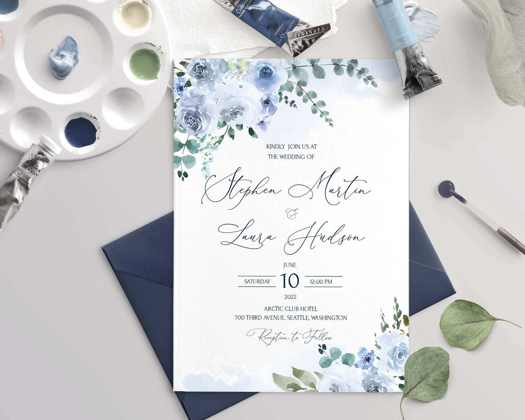 LPE0031 Invitation Card | Watercolor Blue Floral Wedding | Editable Printables