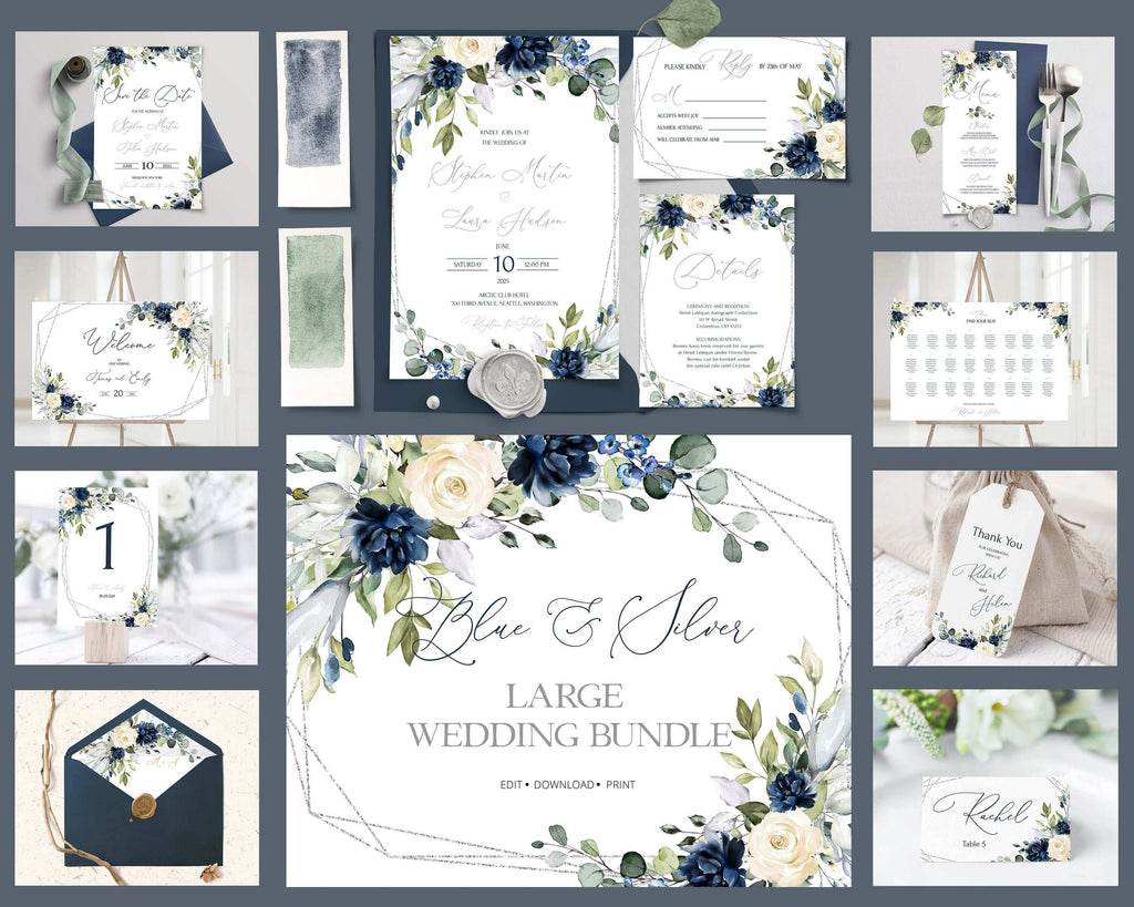 LPE0038 Wedding Signs | Stationery Pack | Navy Blue & Silver | DIY Templates