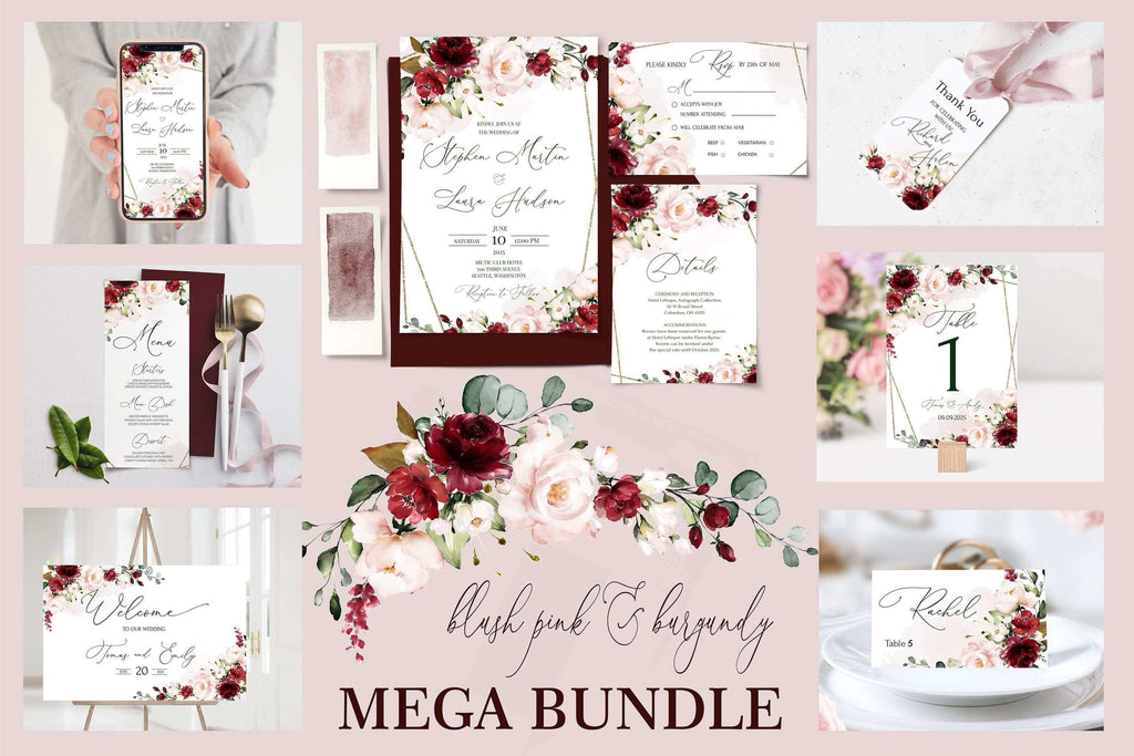 LPE0051 Wedding Stationery Suite | Editable Printables | Burgundy & Blush Pink