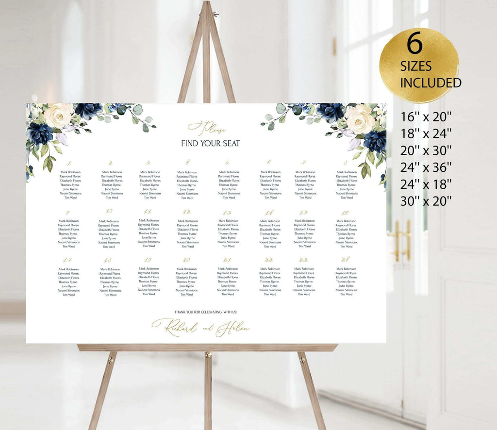 LPE0056 OCEAN Navy Blue Floral Wedding Seating Chart Editable DIY Printable