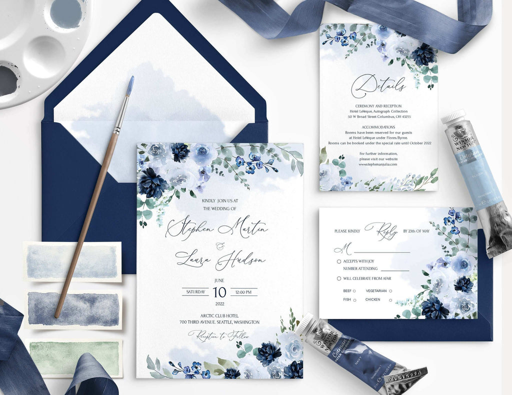 LPE0057 Wedding Stationary Set | Watercolor & Navy Blue | Editable Templates