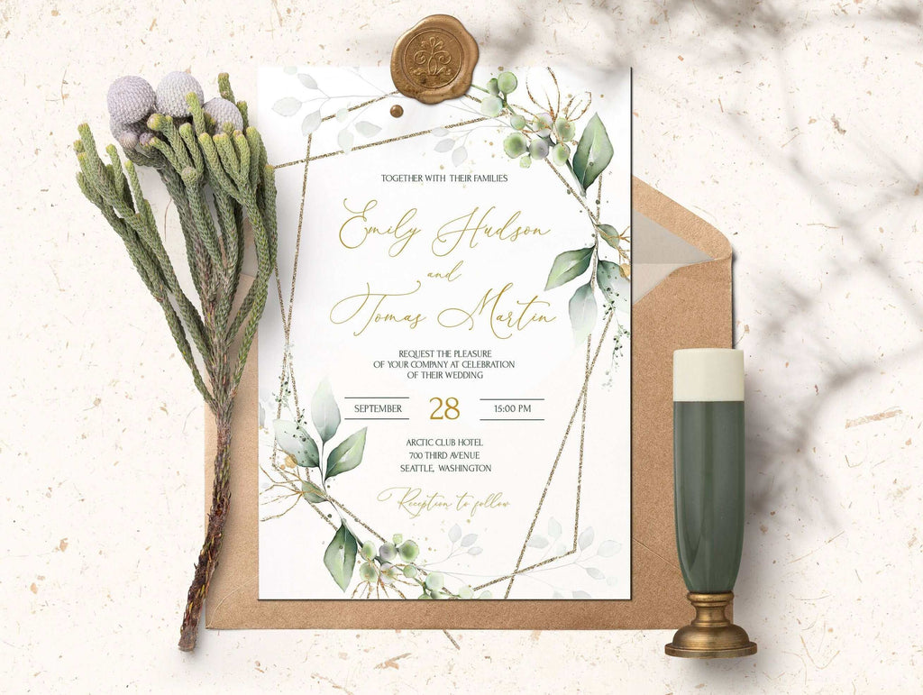 LPE0058 Invitation & Rsvp | Greenery and Gold Wedding | Editable Templates
