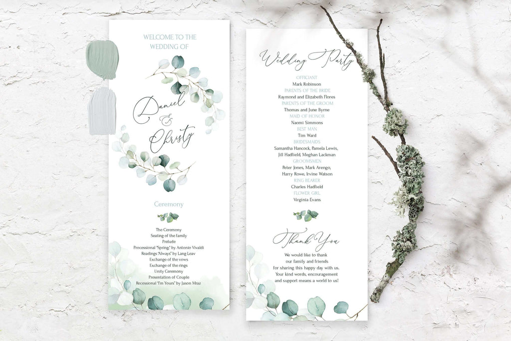 LPE0059 Wedding Ceremony Program Template, Sage Eucalyptus, Editable Printable