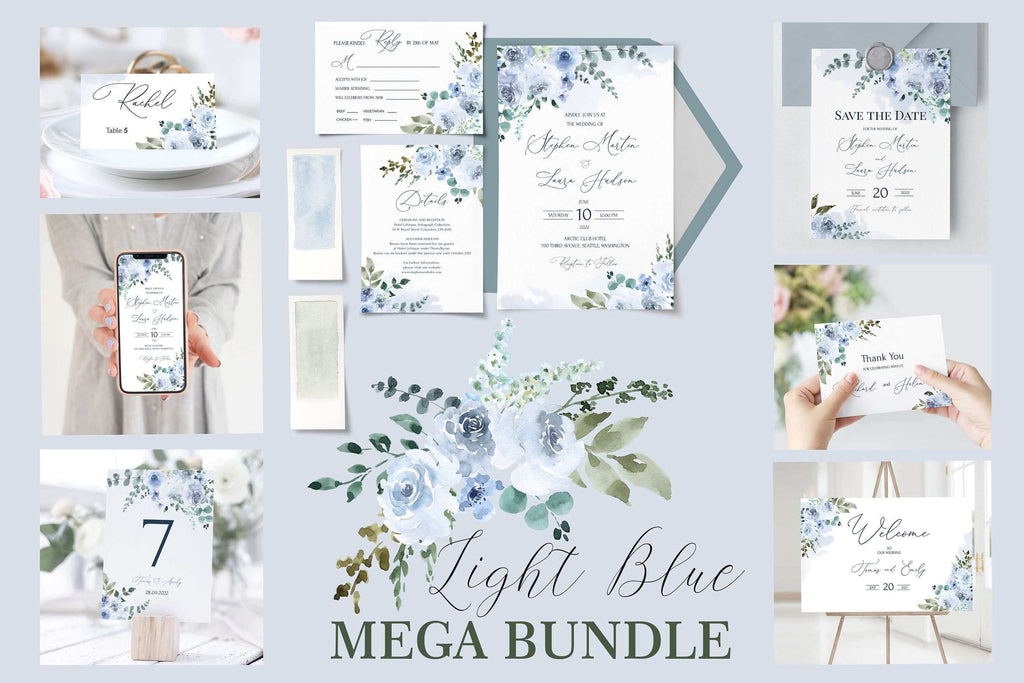 LPE0078 Wedding Stationery Bundle | Light Blue Flowers | Editable Printables