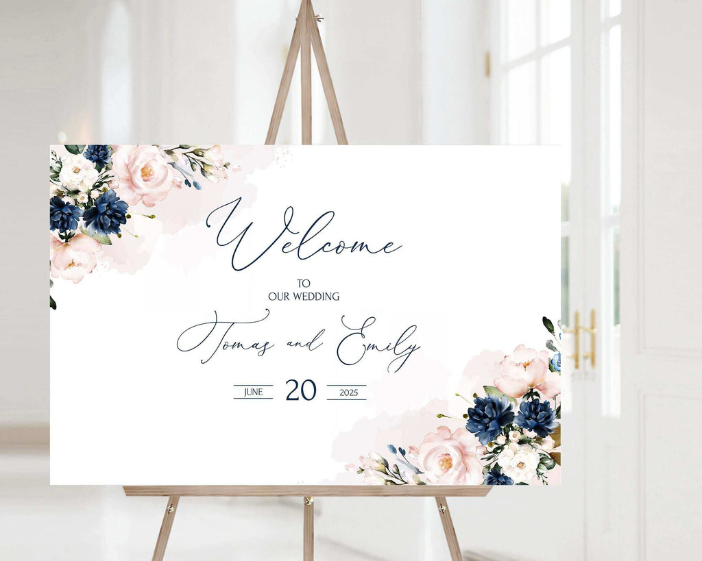 LPE0082 Wedding Welcome Sign | Navy Blue & Blush Flowers | Modern Printables 