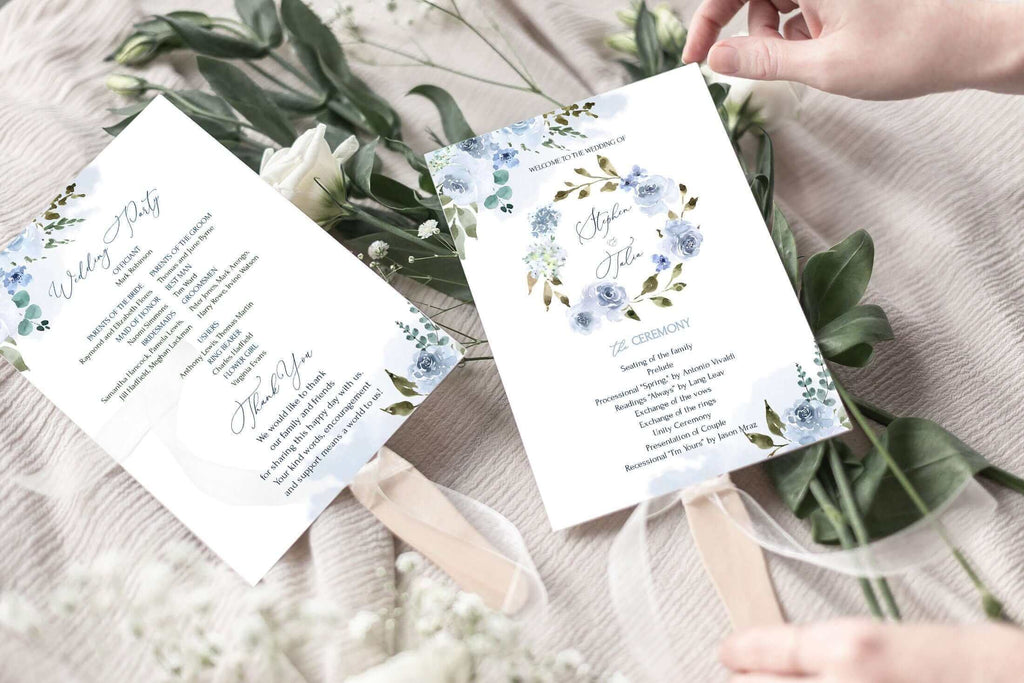 LPE0083 Fan Wedding Program Template, Light Blue Wedding, Editable Printables