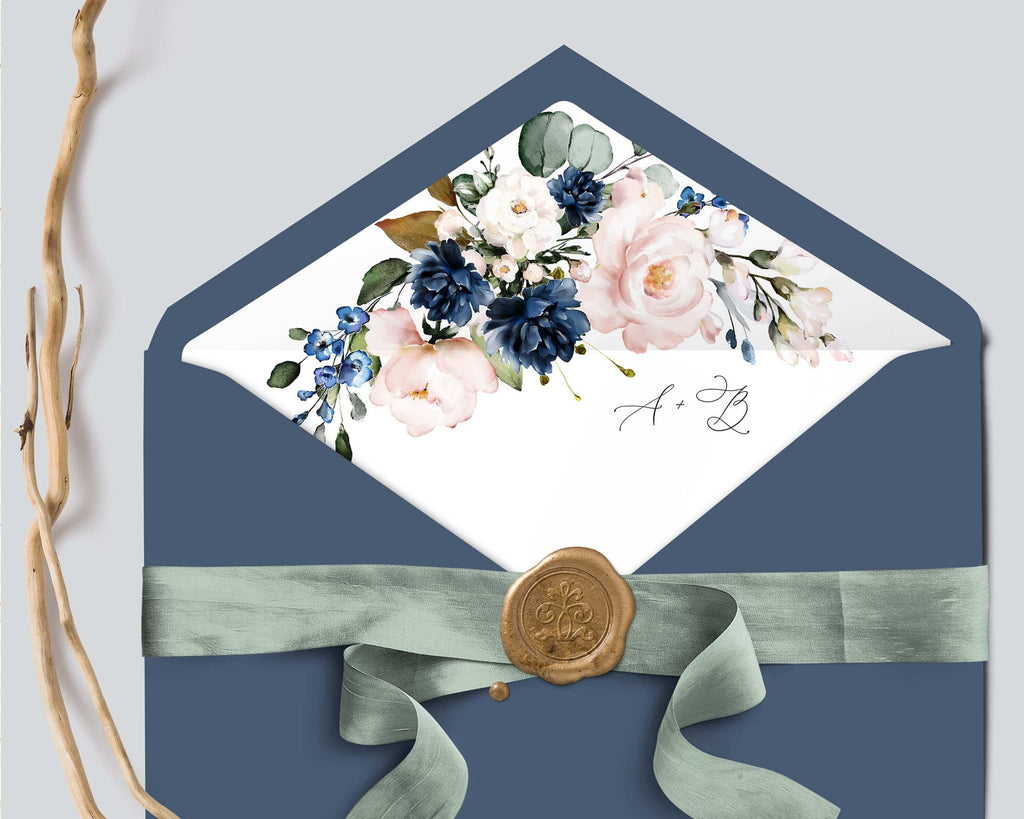 LPE0085 Wedding Envelope Liner, Navy Blue & Blush, Editable DIY Printables