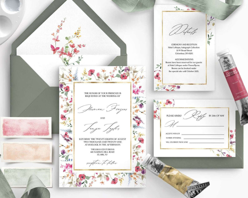 LPE0086 Rustic Wedding Invitation Suite | Wild Flowers & Gold | DIY Printables