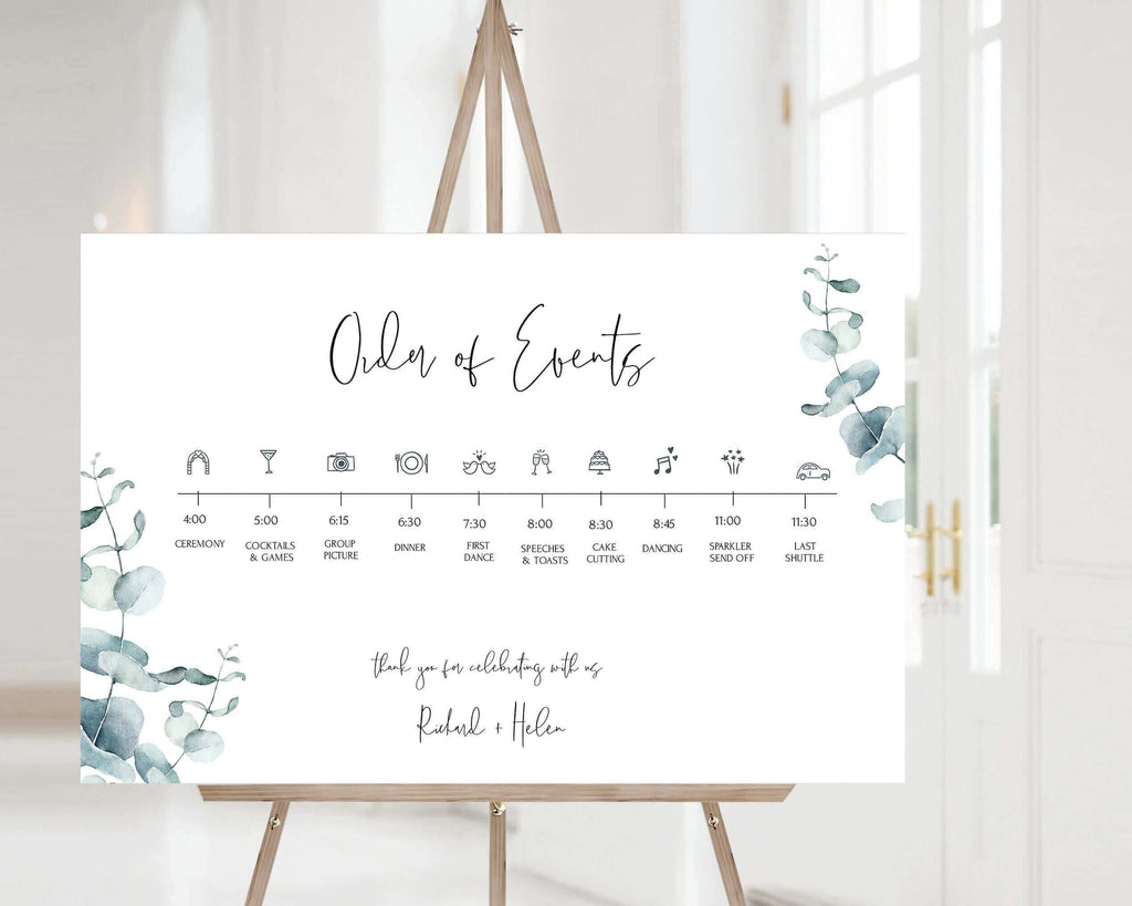 LPE0090 Order of Еvents Wedding Sign | Eucalyptus Sage Green | Editable Templates