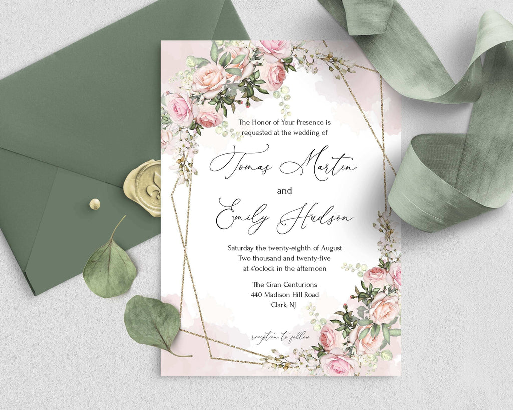LPE0091 Wedding Invitation Template | Watercolor Pink Flowers | DIY Printables