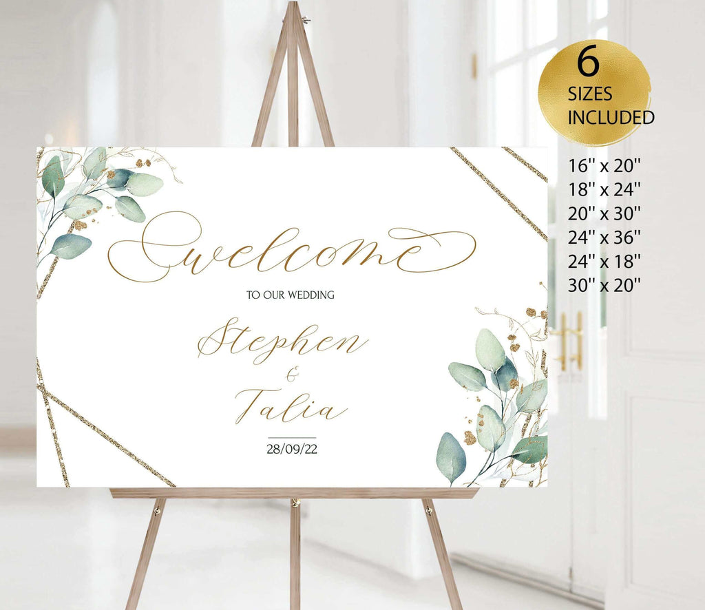LPE0094 Geometric Greenery Gold Wedding Welcome Sign, Editable DIY Printable