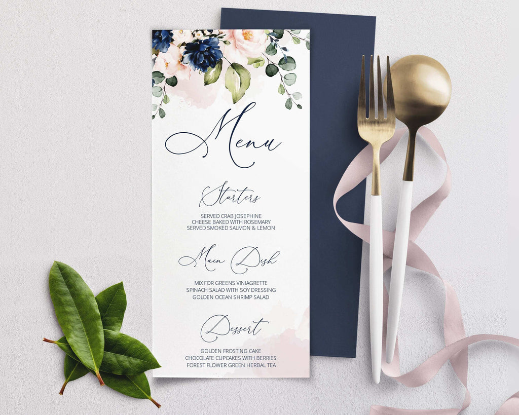 LPE0107 Wedding Menu Template, Navy Blue & Blush Pink, Editable DIY Printables