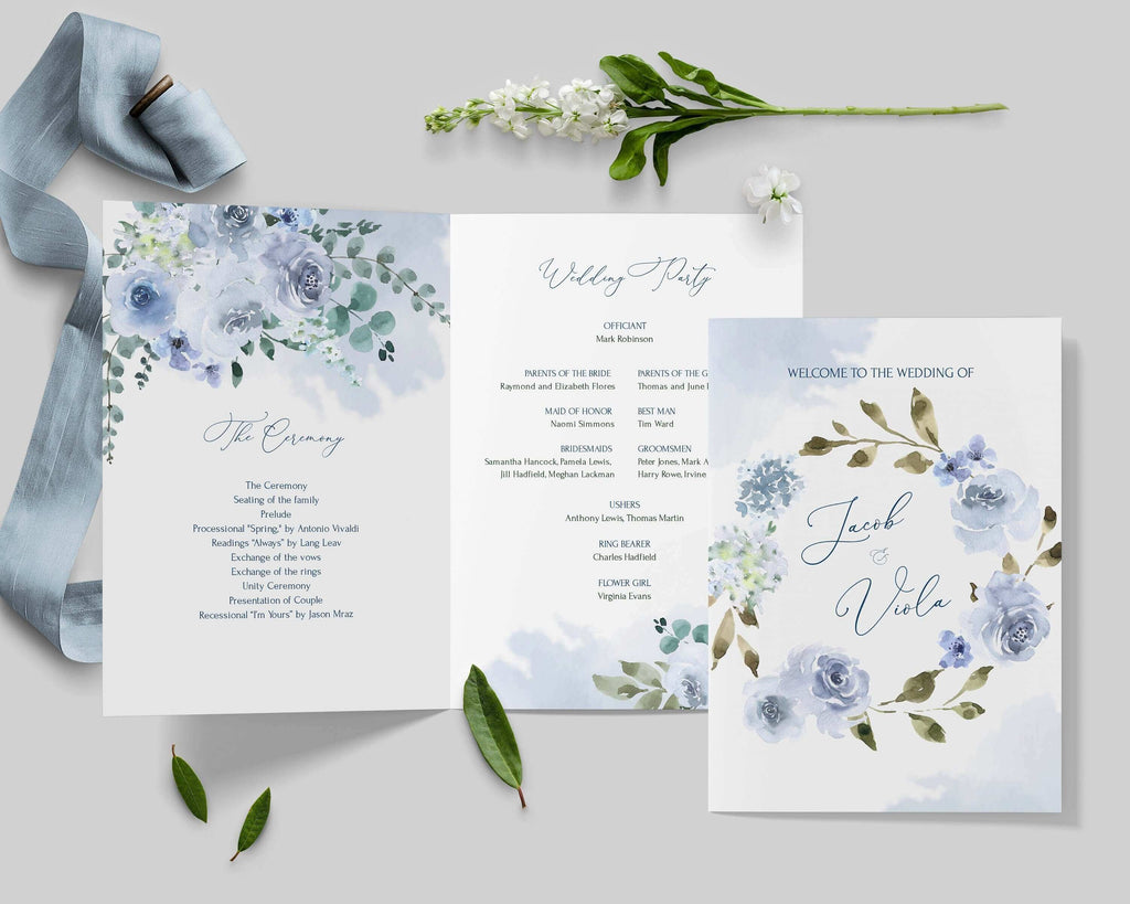 LPE0121 Blue Wedding Program Template, Light Blue Ceremony, DIY Printables