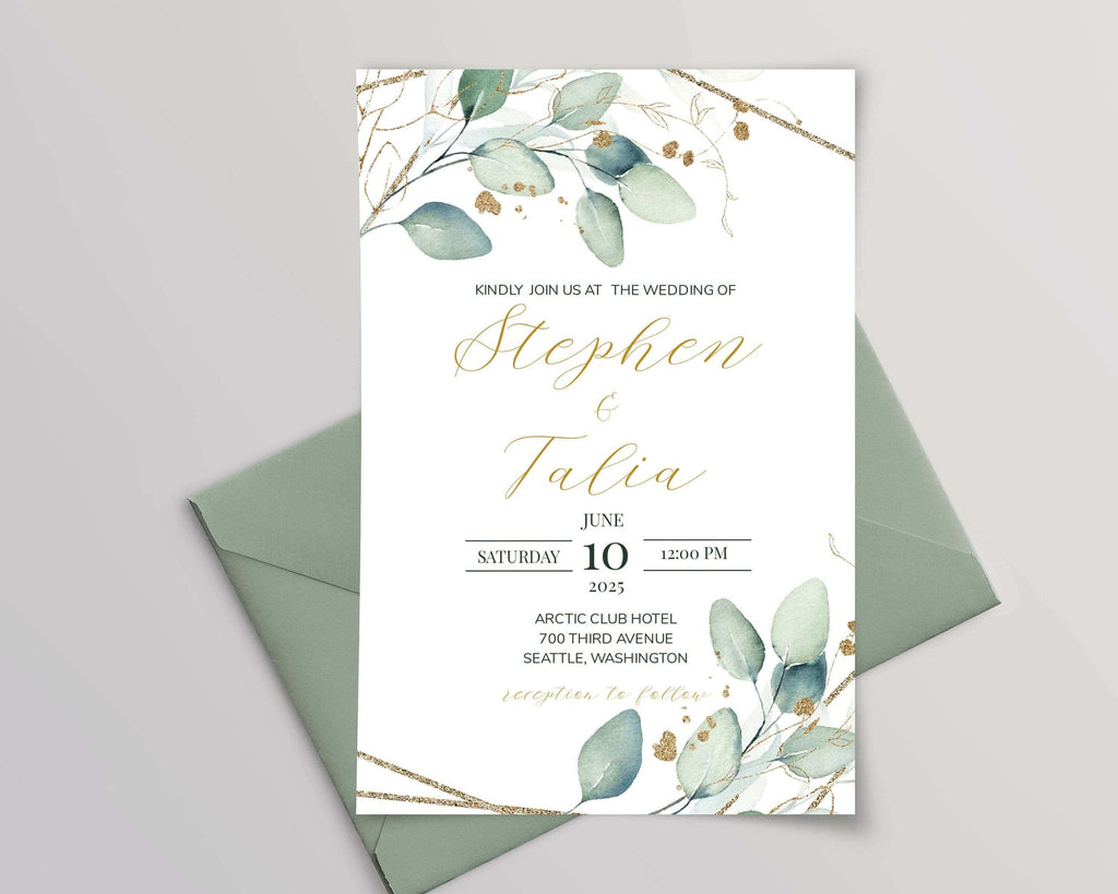 LPE0122 Wedding Invite Template | Sage & Gold Geometric | DIY Printables