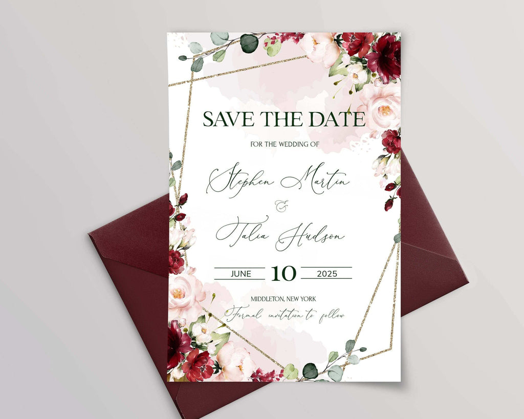 LPE0125 Save The Date Card, Burgundy & Soft Pink Geometric Wedding, Printables