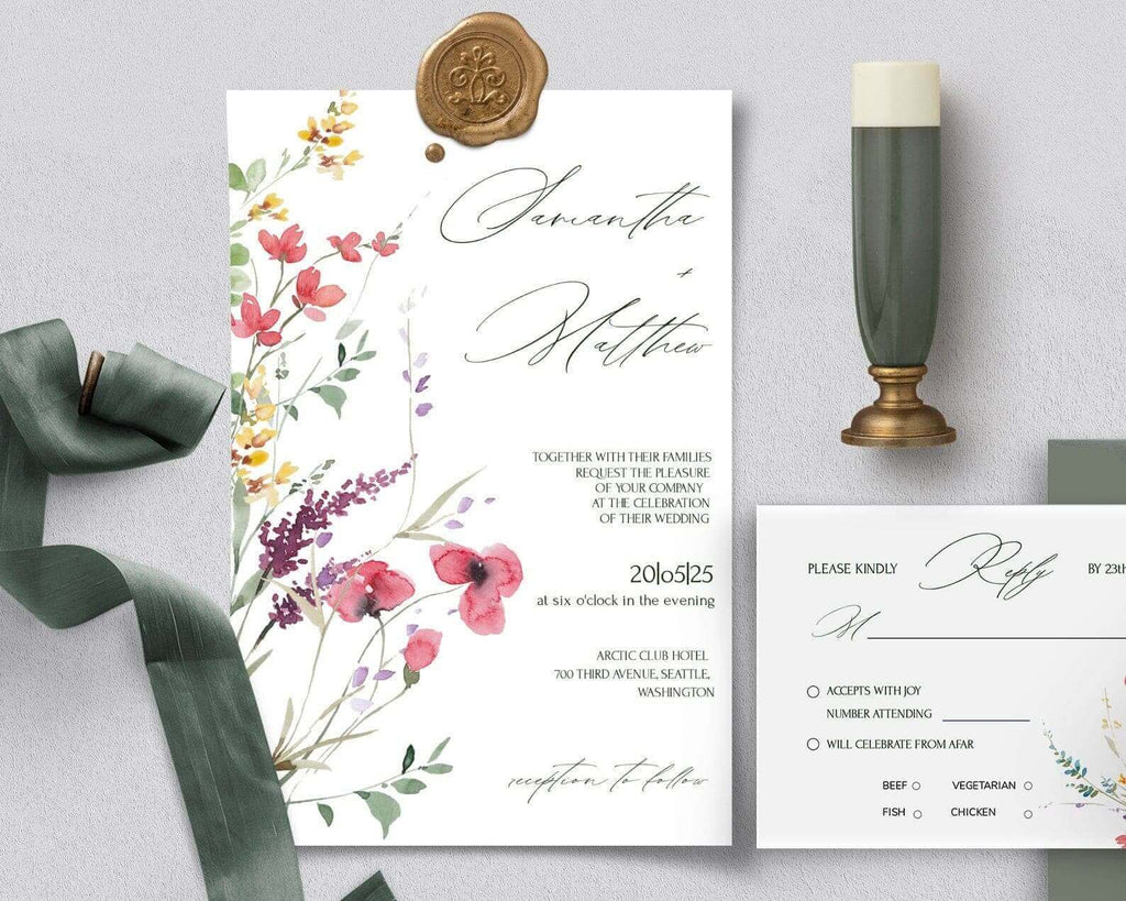 LPE0127 Wedding Invitation & RSVP | Pink Flowers & Herbs | Earthy Printables