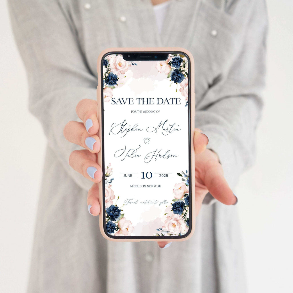 LPE0142 Save The Date Evite | Navy Blue and Pink | Editable DIY Template