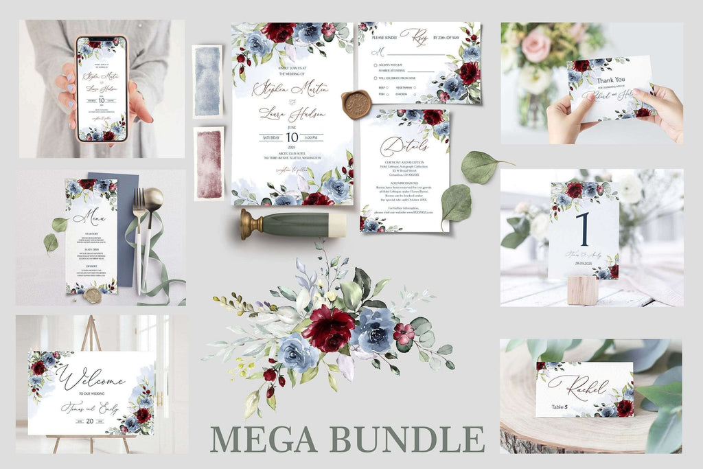 LPE0146 Wedding MEGA Bundle | Burgundy & Dusty Blue | Editable Printables