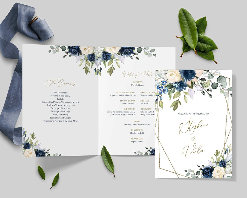 LPE0150 Wedding Program Template, Navy Blue & Soft Pink, Geometric Printables