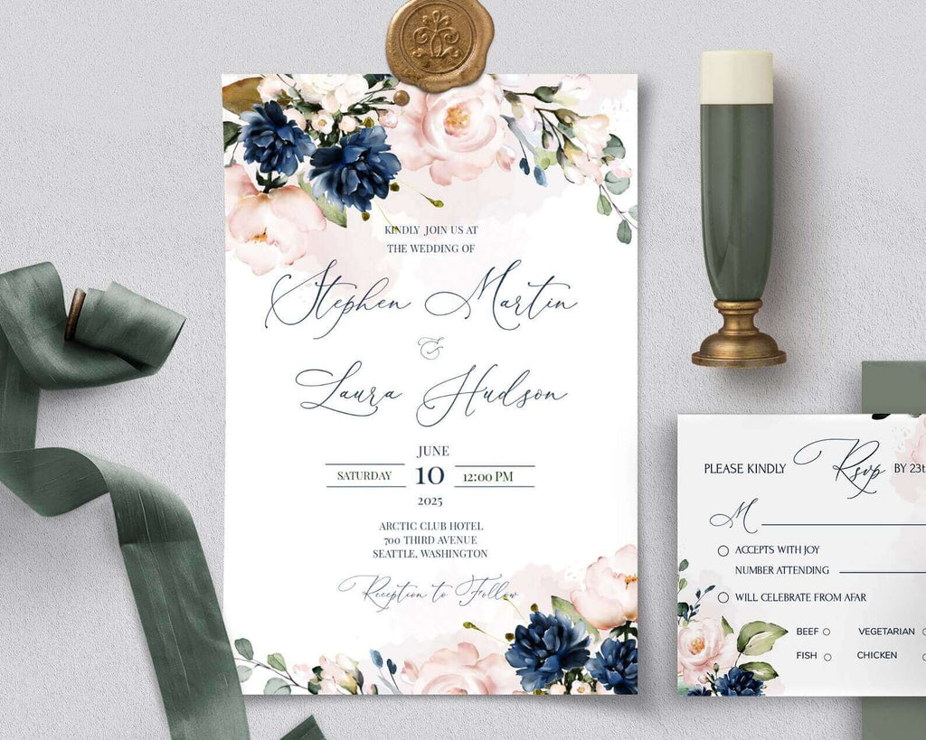 LPE0157 Wedding Invite & Response | Navy Blue & Pink Flowers | DIY Printables