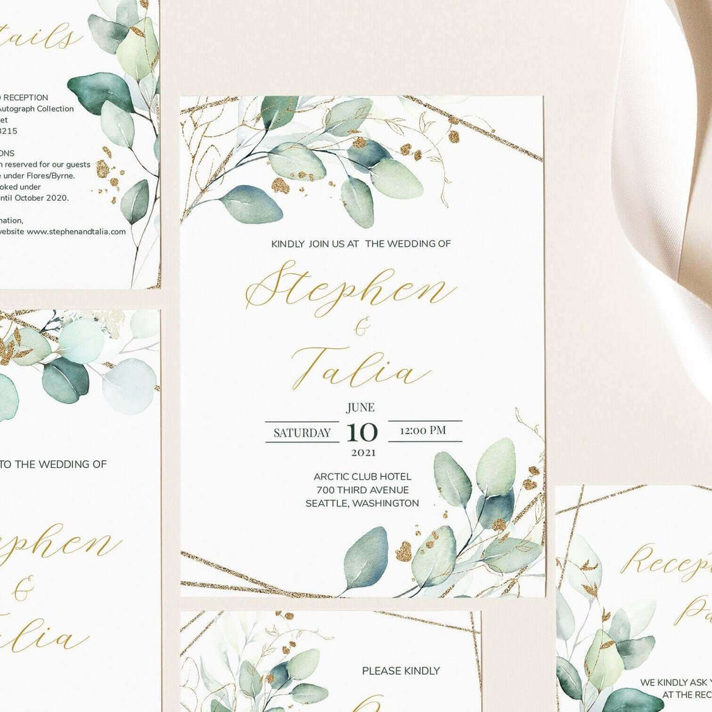 LPE0158 Wedding Invitation Set | Green & Gold | Geometric Editable Printables