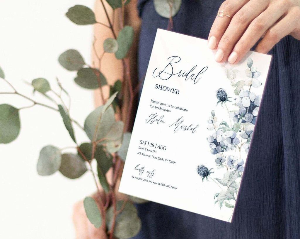 LPE0220 Bridal Shower Invitation & Evite | Watercolor Blue Flowers | Templates