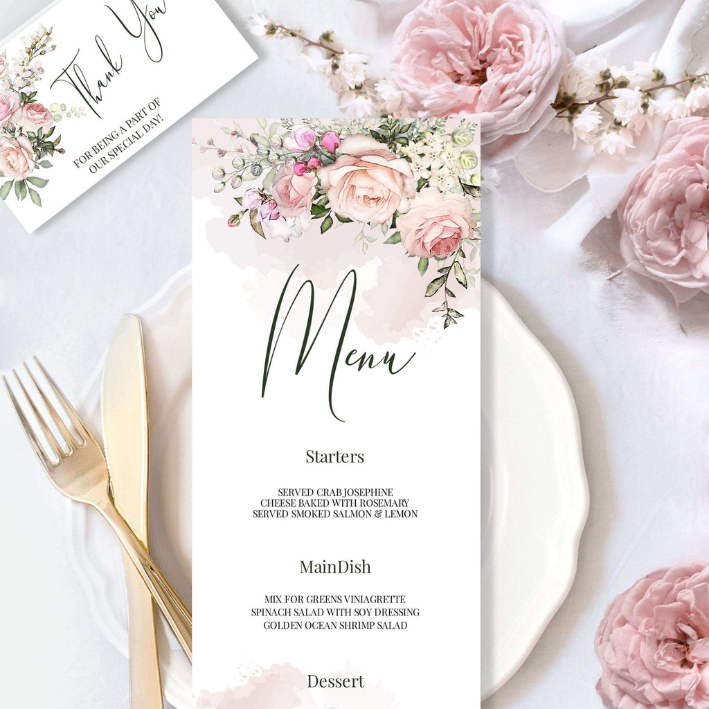 LPE0231 TEA ROSE Blush Pink Floral Wedding Menu DIY Template, Printable