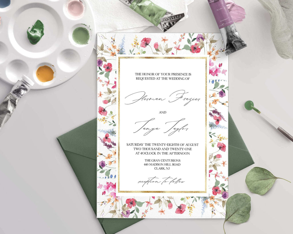 LPE0232 Wedding Invite Card | Wild Floral & Gold | Rustic DIY Printable