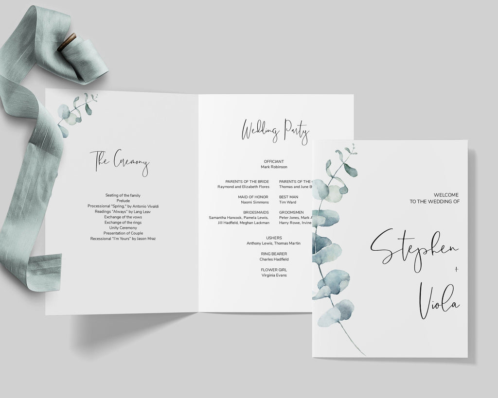 LPE0251 Wedding Program Card | Minimalist Sage Eucalyptus | Editable Templates